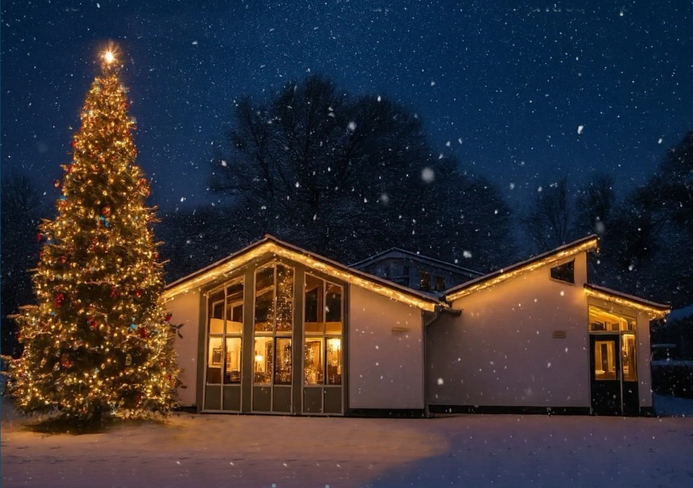 Dorpshuis Horsterhoek met sneeuw en lichtjes