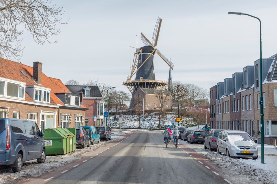 Een heerlijk Hollands winterbeeld waarin fietsers door een besneeuwde Woerdense straat richting de imposante molen rijden. De combinatie van historische charme, knusse huizen en het zachte winterlicht maakt dit een typisch Groene Hart-tafereel vol sfeer en gezelligheid.