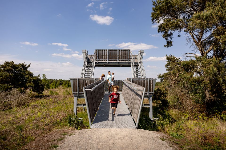een gezin loopt van een uitkijktoren naar beneden