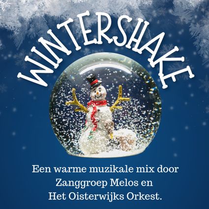 Affiche van het concert met in het midden een sneeuwpop met daaromheen sneeuwvlokken.