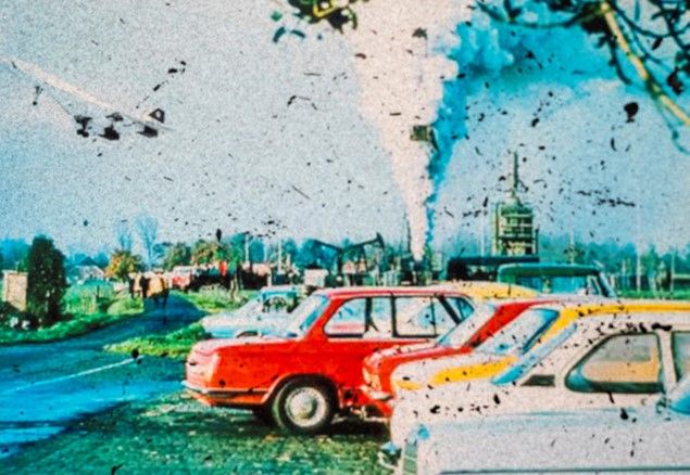 Foto uit 1976 van een laag overvliegend vliegtuig boven een industriegebied met rook, geparkeerde auto’s op de voorgrond en mensen op straat.