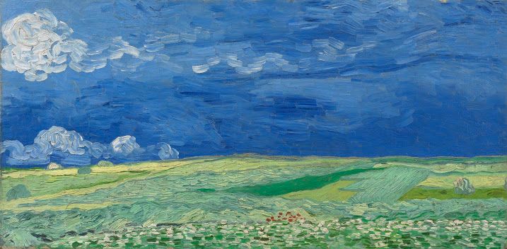 Een afbeelding van het schilderij: Wheatfield under Thunderclouds, gemaakt door Vincent van Gogh, te Auvers-sur-Oise, in 1890