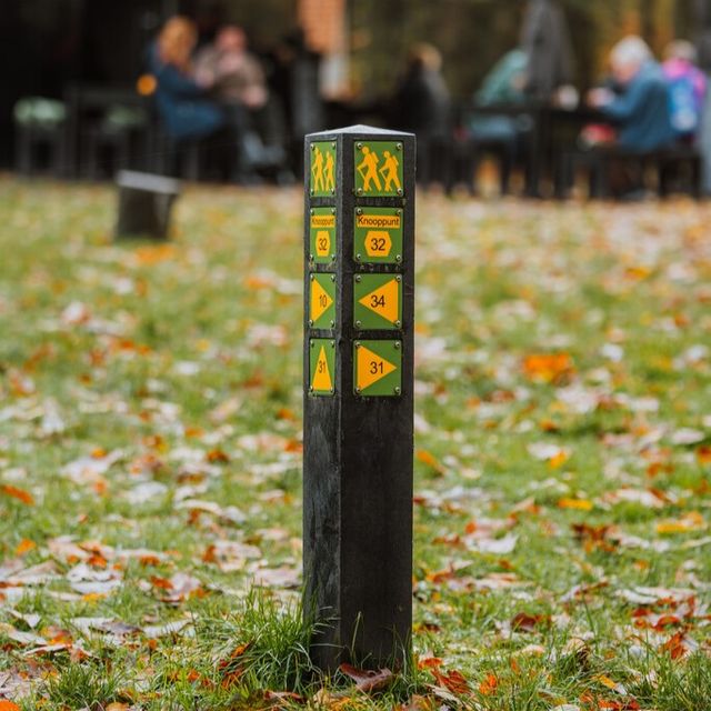 Knooppuntpaal met bordjes van het wandelnetwerk.