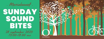 Affiche in groen bruine kleuren met aankondiging van Sunday Sound Bites met afbeeldingen van boom met muzieknoten