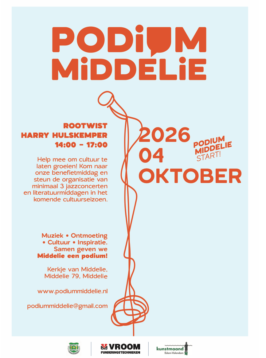 Podium Middelie flyer licht blauw met oranje tekst