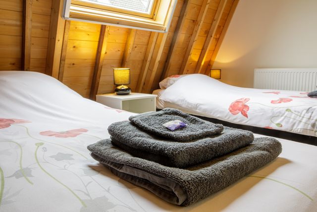 Sfeervolle kamer in B&B Het Groene Wout in Goudriaan, met twee opgemaakte bedden, houten dak en zachte handdoeken – overnachten in het Groene Hart.
