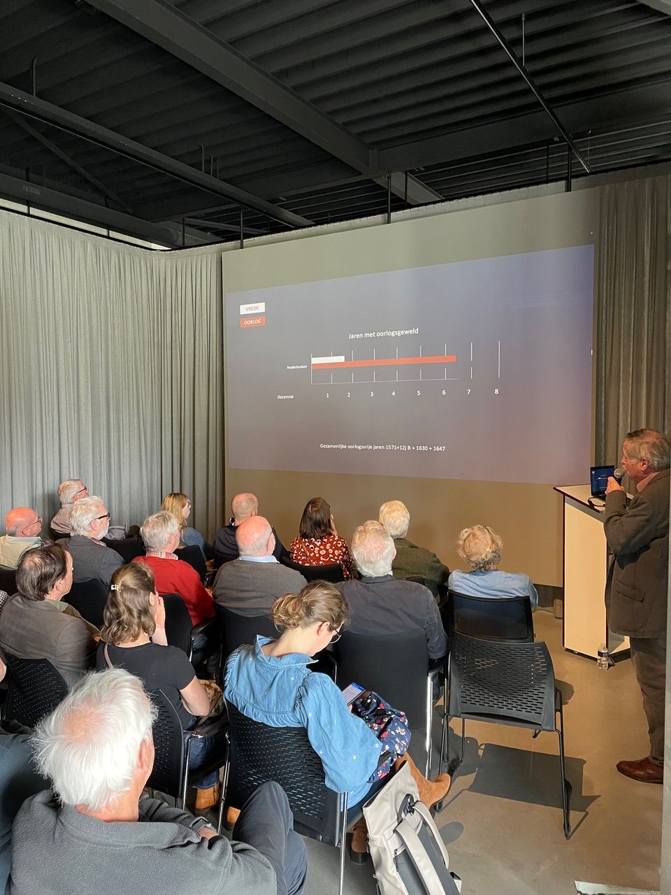 Groep mensen zit op stoelen en kijkt naar scherm terwijl een man een lezing geeft.