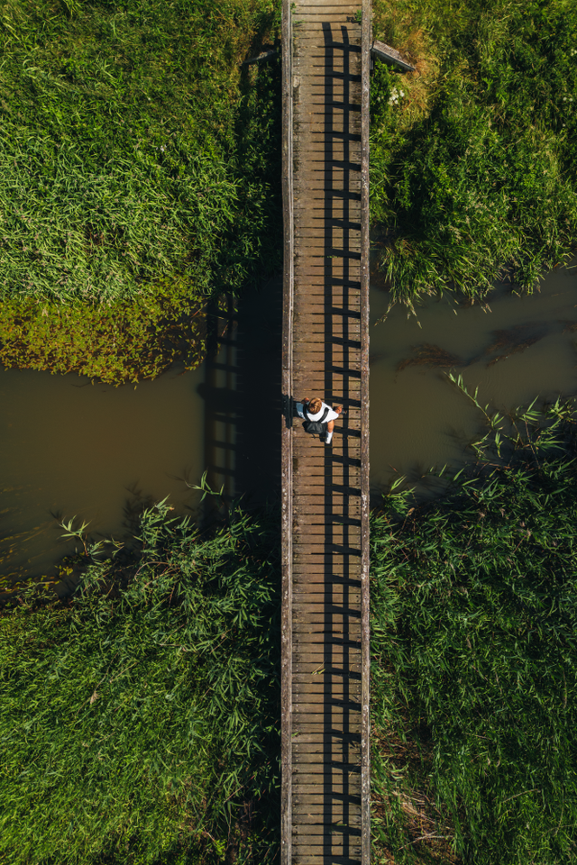 Drone foto van een man die wandelt over een houten bruggetje door de groene Drentse natuur op een zonnige dag.