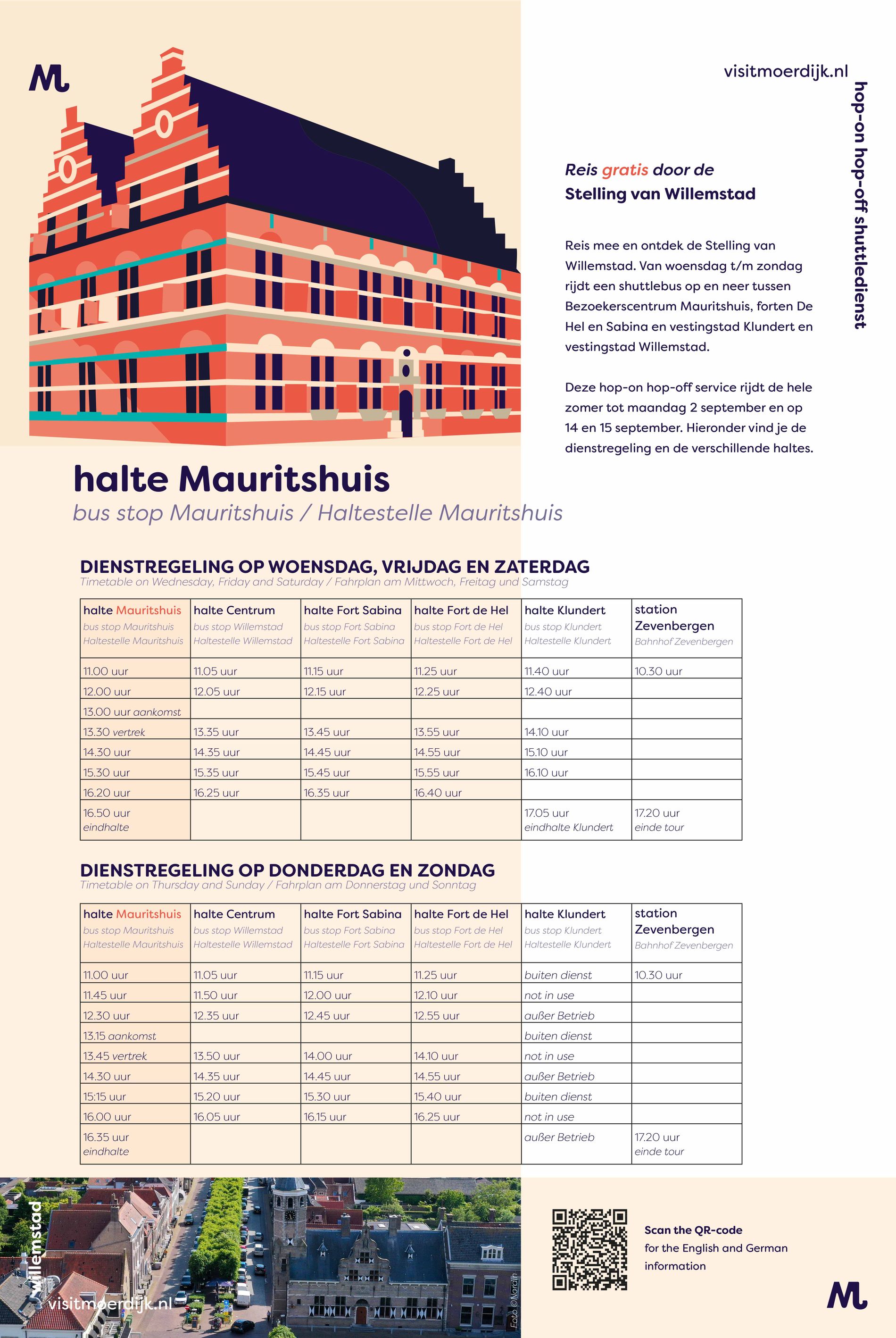 Overzicht van alle haltes en tijden van de gratis pendeldienst die rijdt door de Stelling van Willemstad