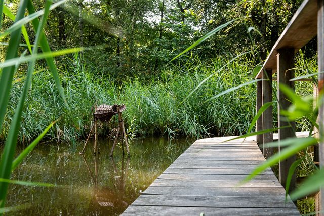 Een brug over water met in het water een kunstwerk.
