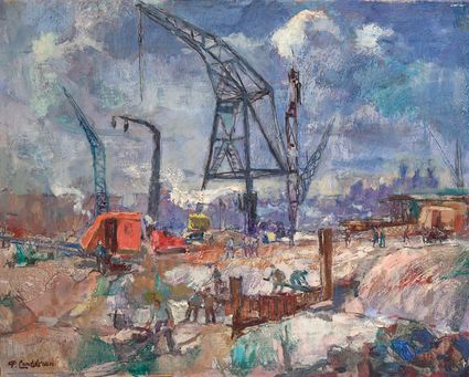 Schilderij van werkzaamheden bouwput Amsterdam
