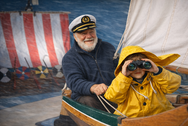 Man met grijze baard en kapiteinspet en kind in gele regenjas met verrekijker in een zeilbootje met op de achtergrond een nagebouwd Vikingschip
