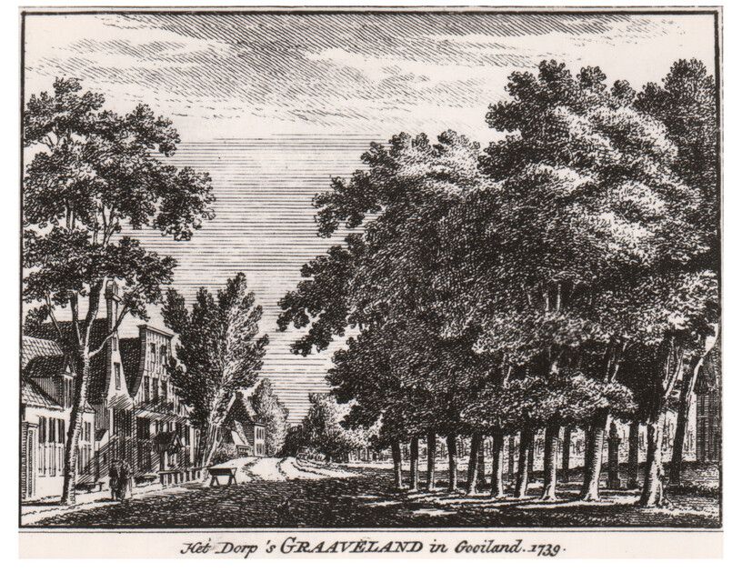 Dorpsgezicht 's-Graveland in 1739 (pentekening)