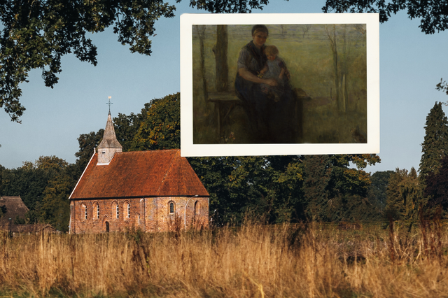 Een schilderij van Jozef Israëls bij het kerkje van Zweeloo