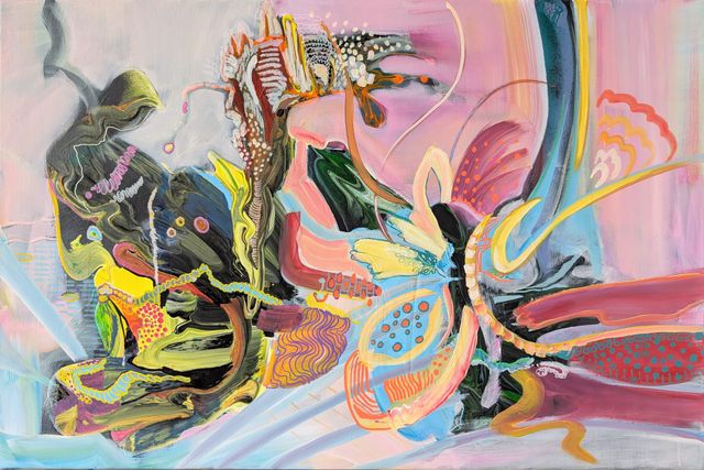 Schilderij Metamorphose van Justyna Pennards-Sycz bij Galerie Van Slagmaat in Woerden, Groene Hart, kleurrijk abstract kunstwerk met organische vormen, patronen en penseelstreken in roze, blauw, geel en groen.