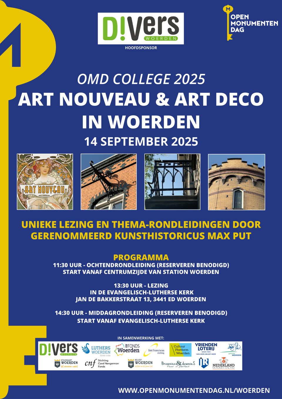 Poster van Open Monumentendag Woerden 2025 met thema ‘Art Nouveau & Art Deco’ en een lezing van kunsthistoricus Max Put op 14 september 2025.