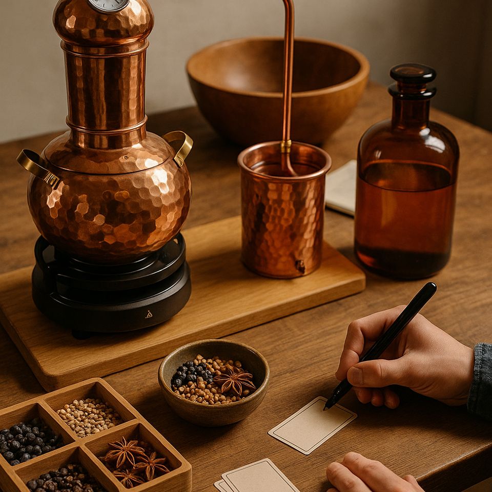 elixir van gin maken met koperen attributen