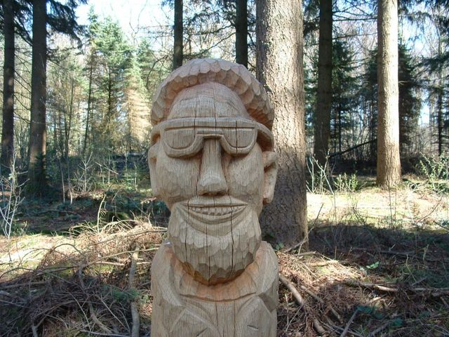 een houten beeld in het bos