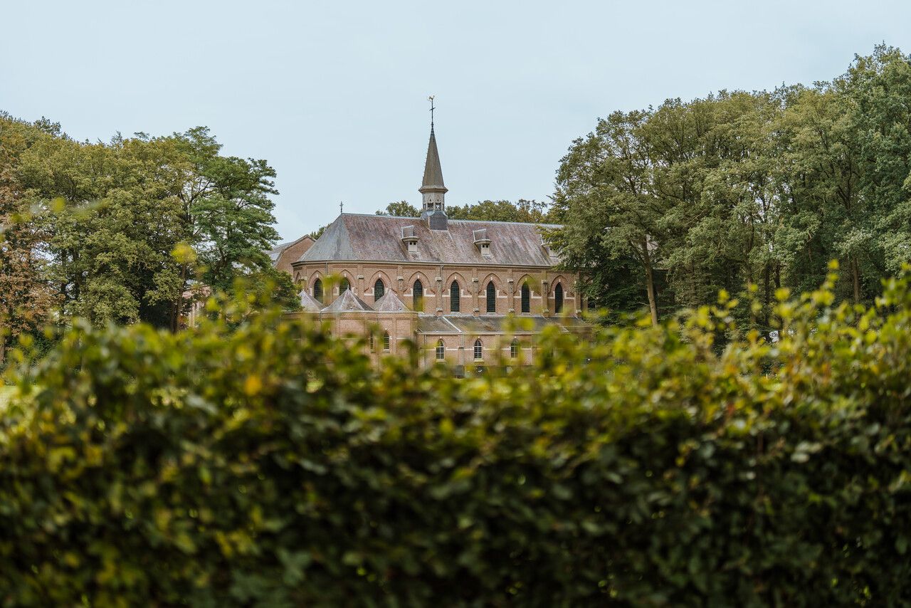 Detail Abdij Maria Toevlucht gezien vanachter struiken en bomen.