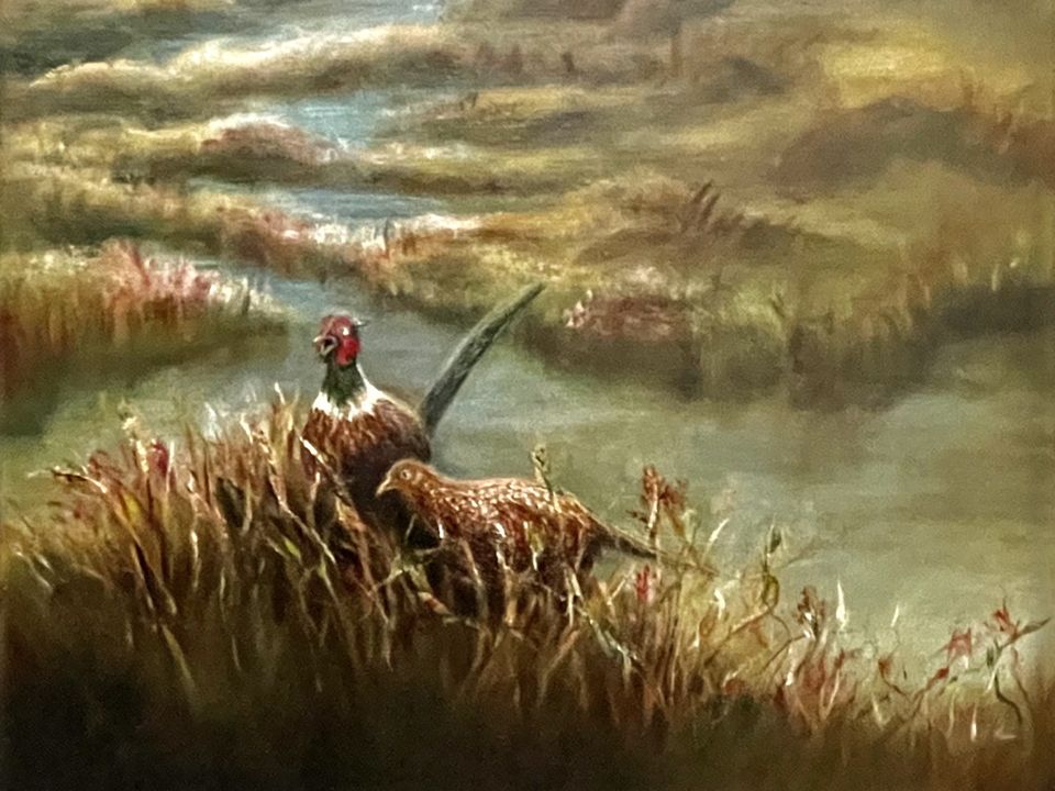 Fazanten in landschap, detail