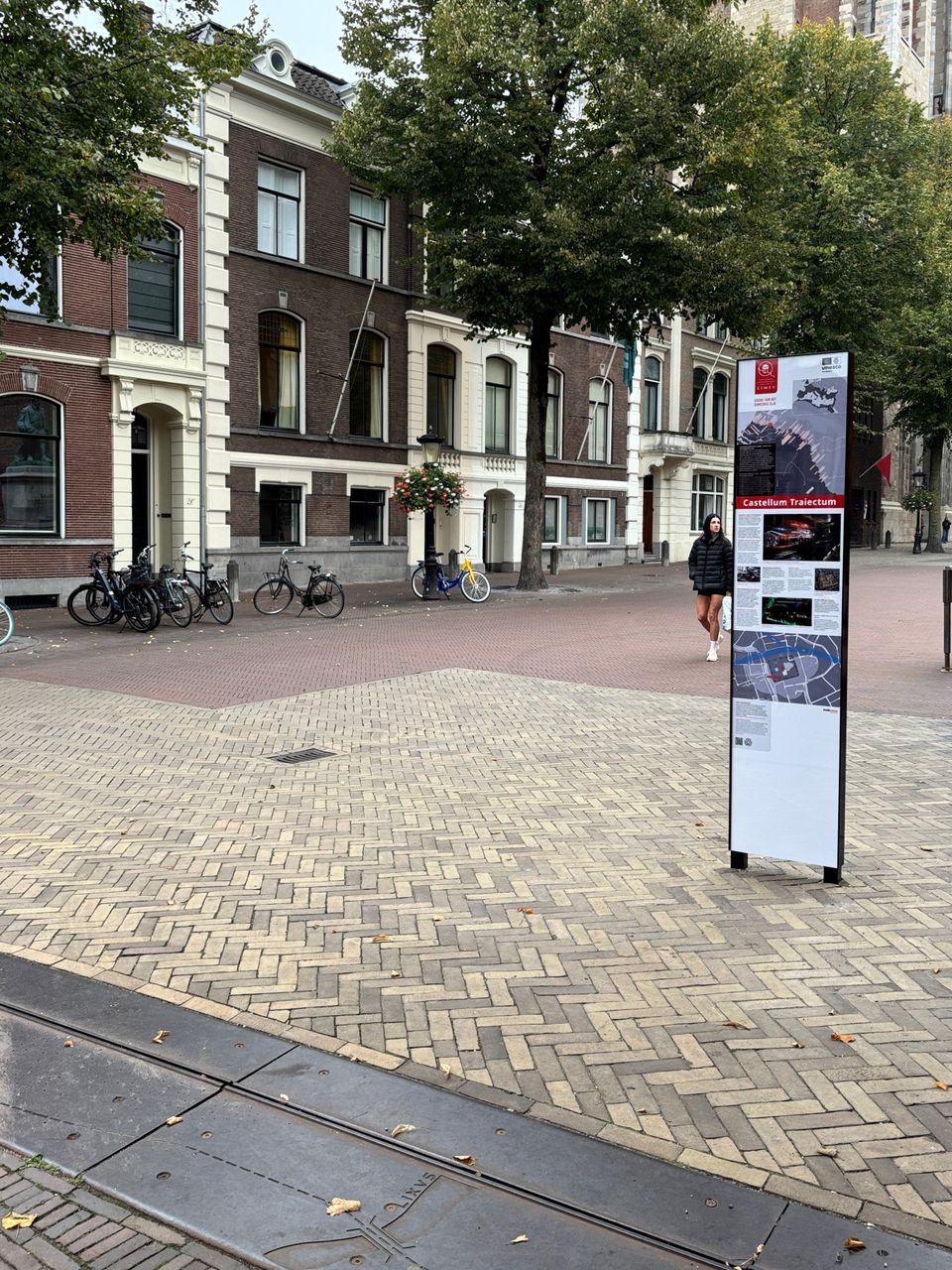 De stalen rand op het Domplein is een stukje zichtbaar, met een informatiebord van de Limes erbij.