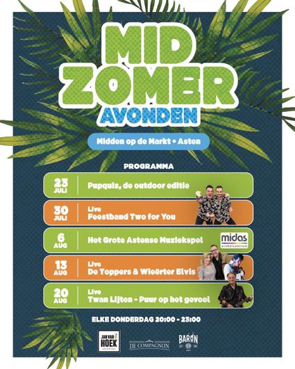 Kom op donderdagavond gezellig naar Asten. Het is FEEST op de Markt. Iedere week een ander optreden of spel. Geniet van de muziek met een drinkje en een hapje.