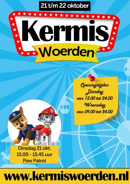Promotieposter van de Kermis Woerden 2025 met informatie over data, openingstijden en een speciale meet & greet met Paw Patrol, onderdeel van de najaarsactiviteiten van Beleef Woerden in het Groene Hart.