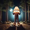 Een persoon in pyjama staat in een donker bos met een lampenkap op zijn hoofd