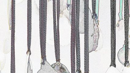 Tekening met koorden in zwart, grijze en lichtgroene tinten. Aan deze koorden hangen zakken in verschillende vormen.