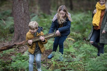 Kinderen spelen in het bos tijdens de herfst.