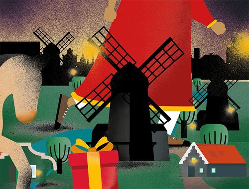 Tekening met een molen en cadeaus