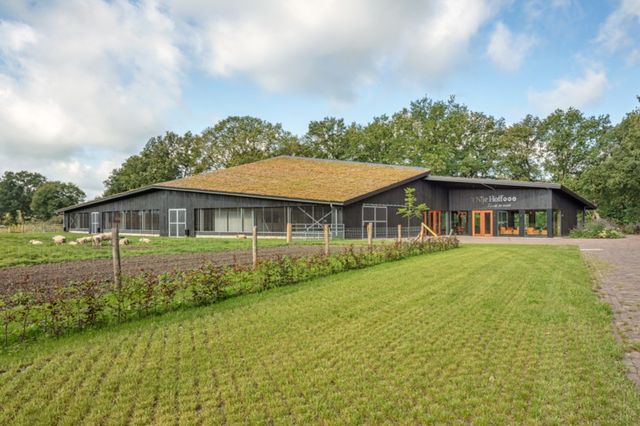 Die Vorderseite eines Stadtbauernhofs in Drenthe mit einem begrünten Dach.