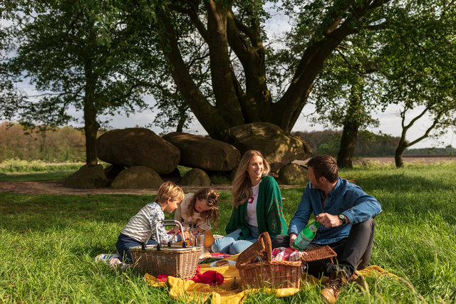 Ein Familienpicknick in Drenthe mit 2 Körbe voll mit gutem Essen. Ein Hunegrab steht im Hintergrund.
