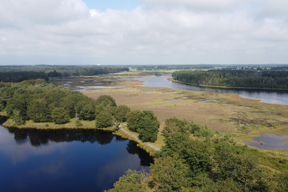 Dronefoto van natuurgebied in Drenthe met bos, vlaktes en water.