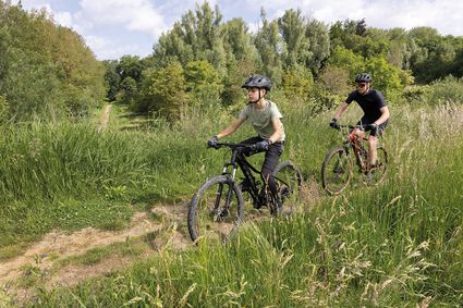 Twee mensen mountainbiken in het bos.