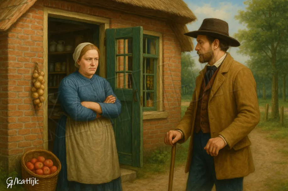 Froukje en de vreemdeling bij de winkel