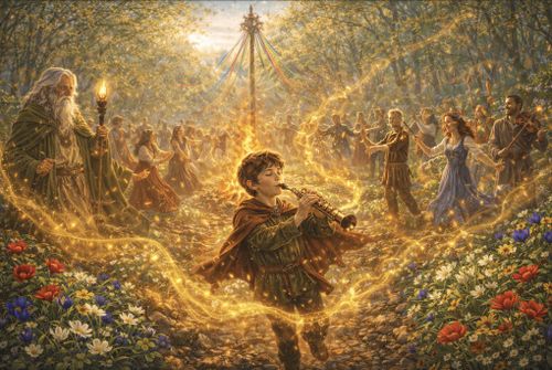 Jongen speelt muziek tijdens een sprookjesachtig feest in het bos.