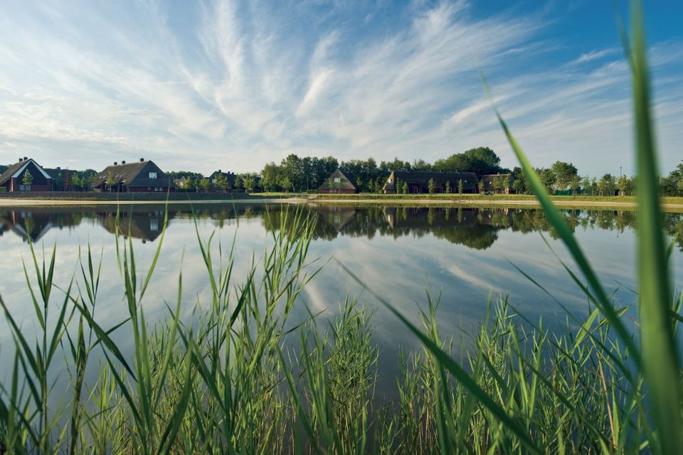 Om een grote waterplas staan enkele luxe bungalows.