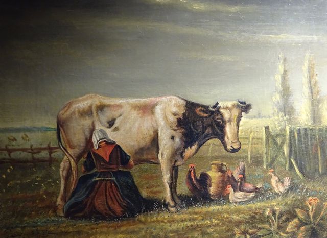 Painting by apprentice Anthony Hermans of girl milking a cow
