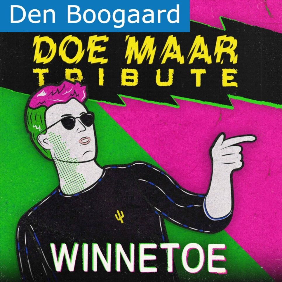 Affiche in de kleuren roze en groen met een figuur in zwarte kleding en met zonnebril. In gele letters staat de informatie over de show.
