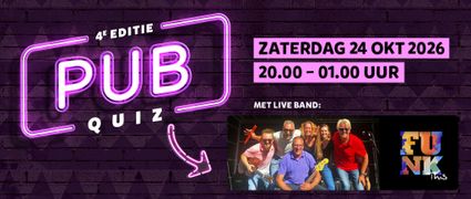 Pubquiz met live band bij Muziekhuis Oudewater in het Groene Hart, vierde editie met muziek van de band Funk This op zaterdag 24 oktober 2026.
