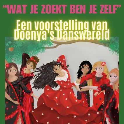 Tekening van dansende meisjes in rood en zwart gekleurde Spaanse flamenco jurken.