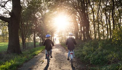 Twee kindjes fietsen samen in het bos. De zon schijnt door de bomen.