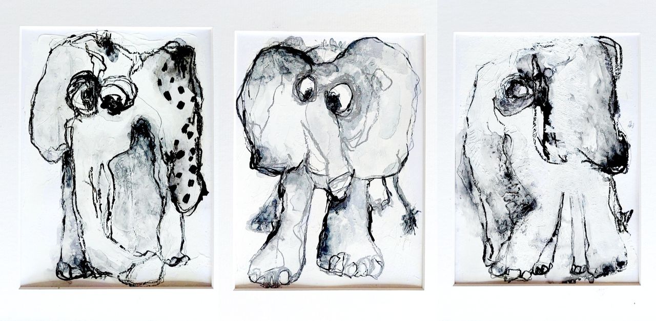 schilderij met drie olifanten van Erica Mengede