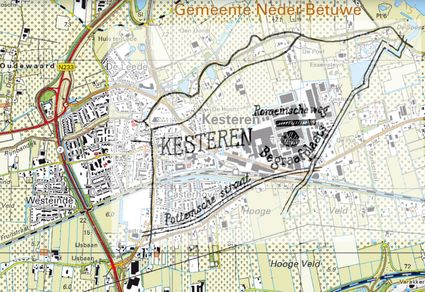 Het schetsje van Pleyte van de locatie van de Romeinse weg, geplot op de huidige situatie.