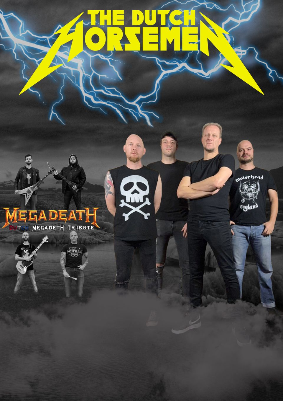 Poster met de groepsfoto van de Dutch housemen en links de foto's van de leden van Megadeath
