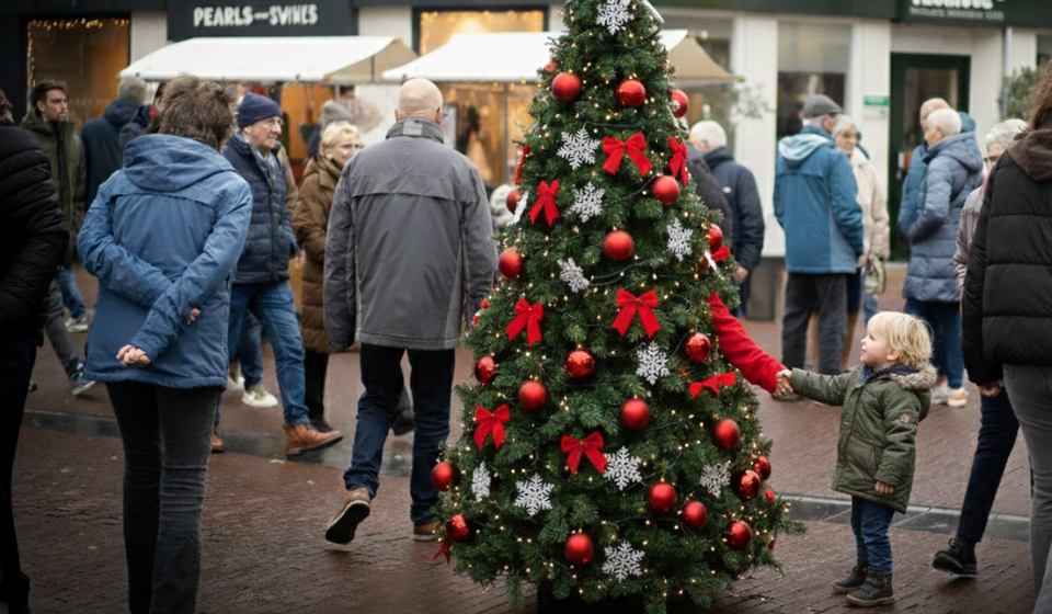 Wandelende kerstboom met uitstekende hand