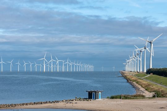 Heel veel windmolens in het water en windmolens op de dijk nabij Urk.