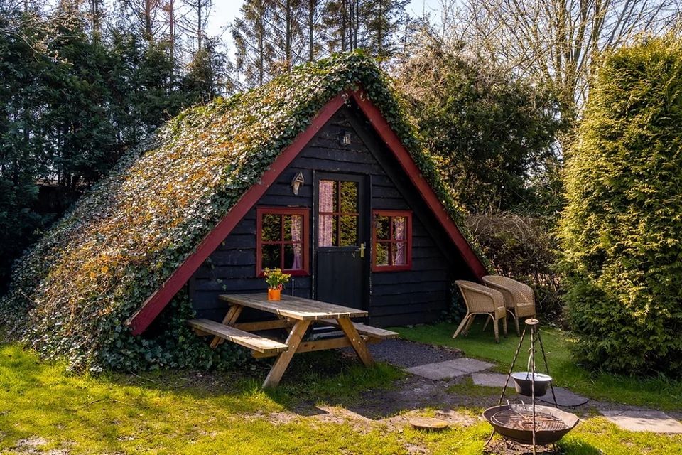 Een plaggenhut met groen op de daken tot aan de grond met een picknicktafel en vuurkorf op het terras.