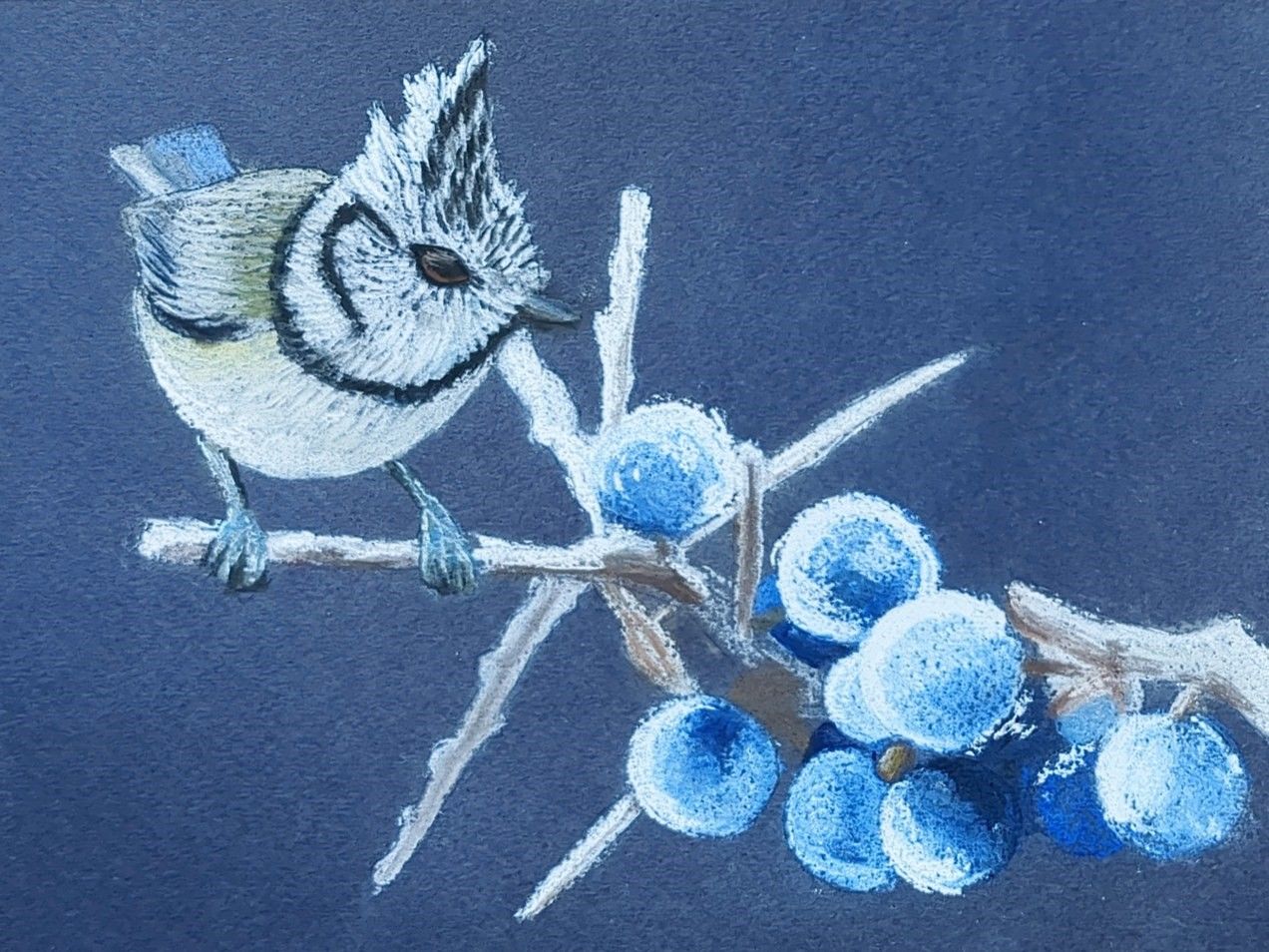 een geschilderd meesje op een tak